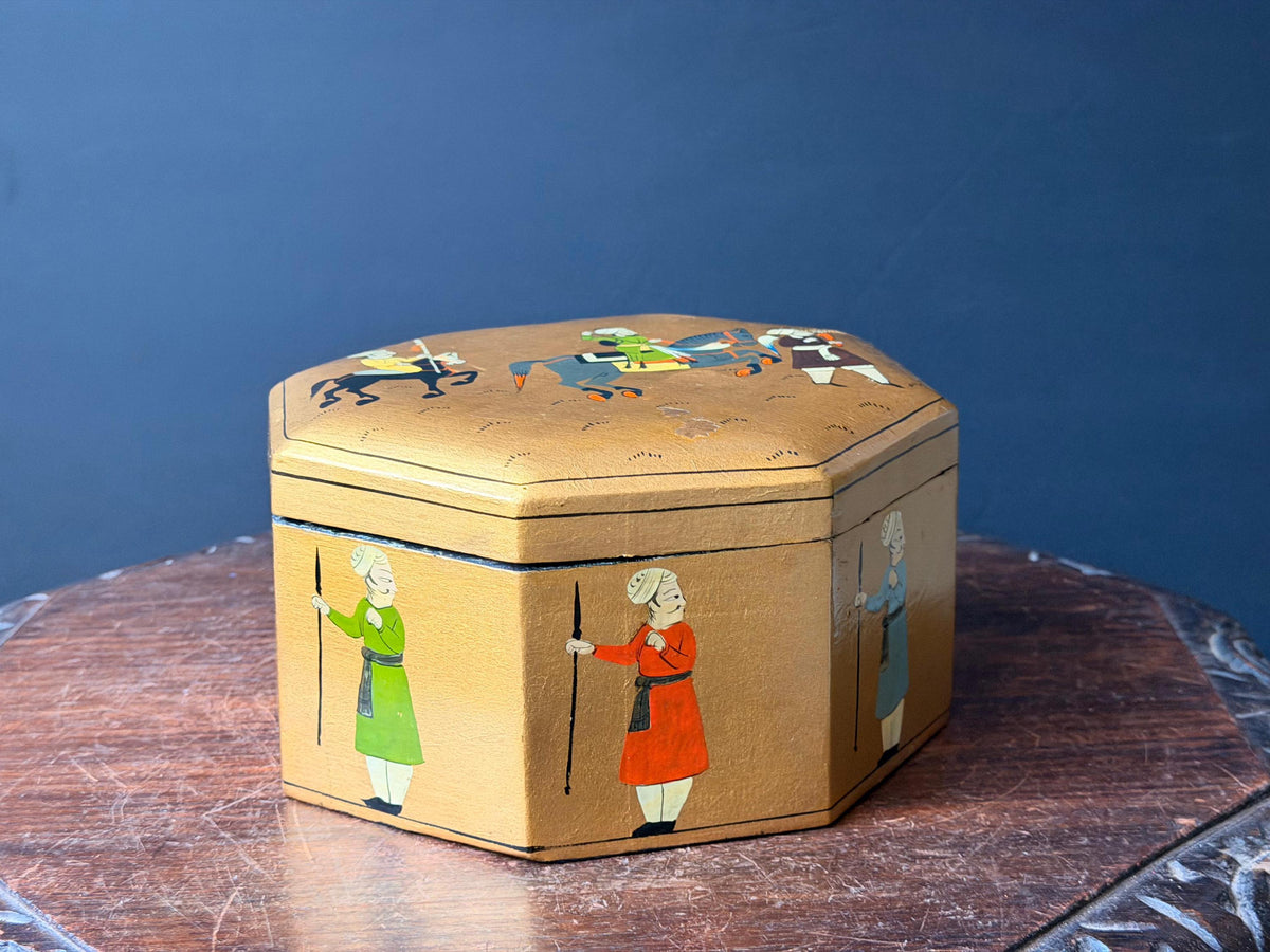 Vintage Hand Painted Gold Wood Box Octagonal Indian Equestrian Folk Art