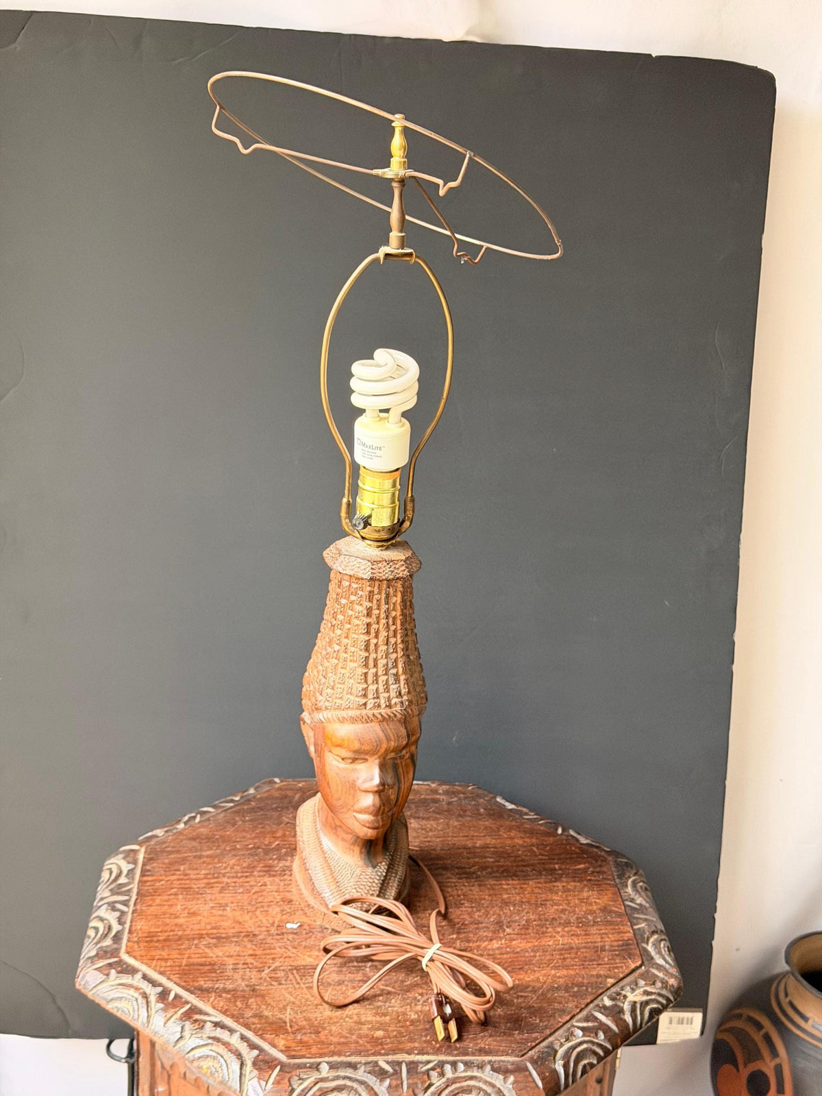 Vintage MCM Carved Hardwood Bust Table Lamp East African Sculptural Art 12.5"
