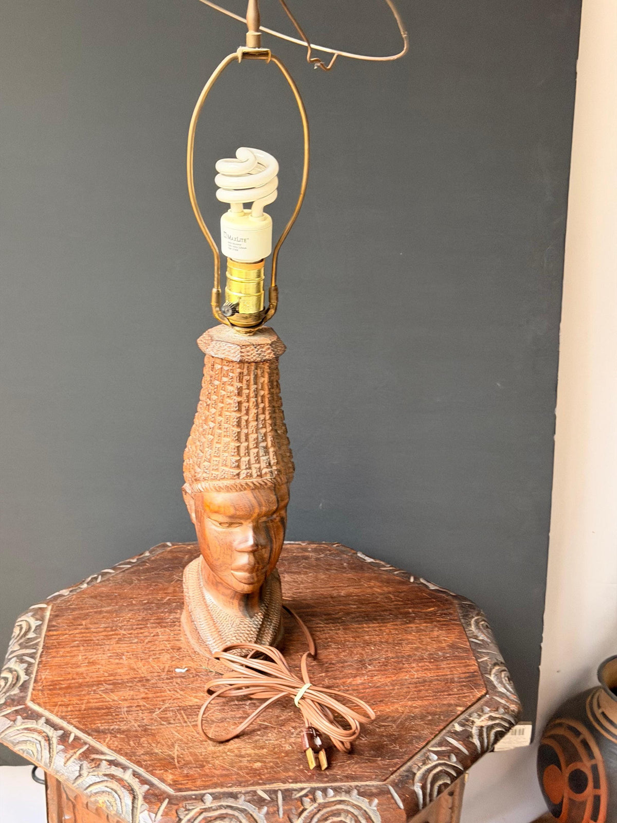 Vintage MCM Carved Hardwood Bust Table Lamp East African Sculptural Art 12.5"