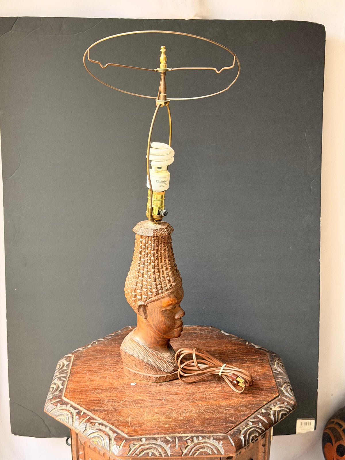 Vintage MCM Carved Hardwood Bust Table Lamp East African Sculptural Art 12.5"