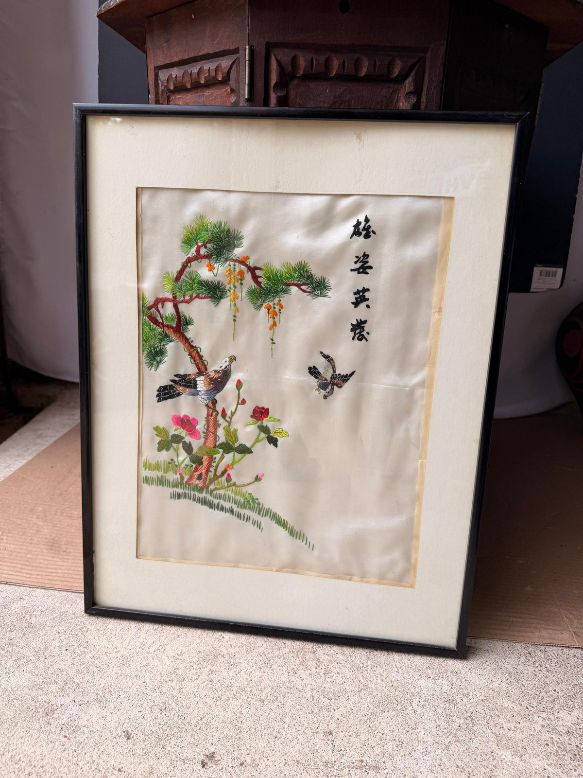 Vintage Asian Silk Embroidery Framed Art Eagle Pine Tree Needlework 18.5x14.5