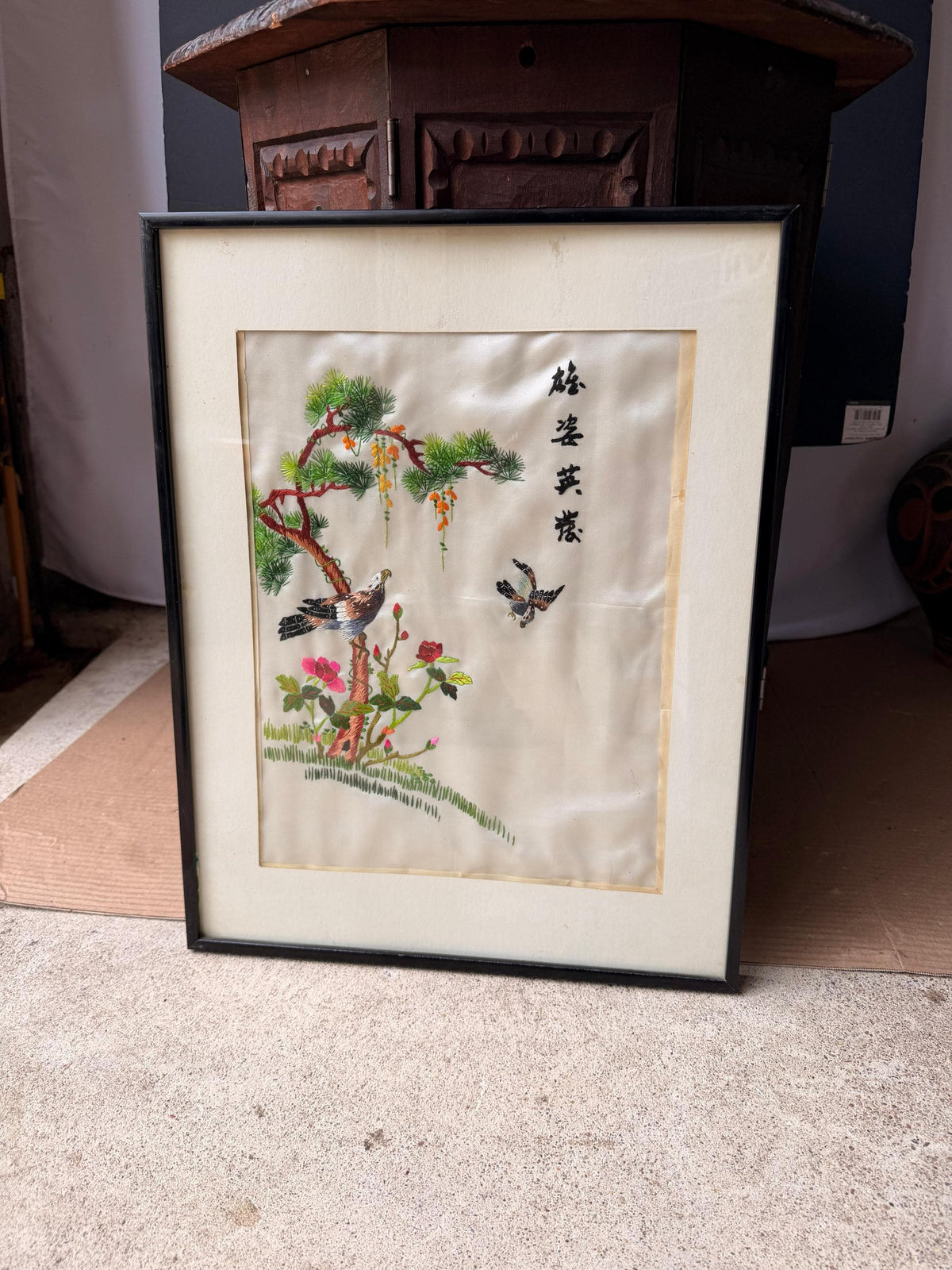 Vintage Asian Silk Embroidery Framed Art Eagle Pine Tree Needlework 18.5x14.5