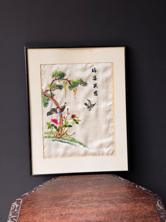 Vintage Asian Silk Embroidery Framed Art Eagle Pine Tree Needlework 18.5x14.5
