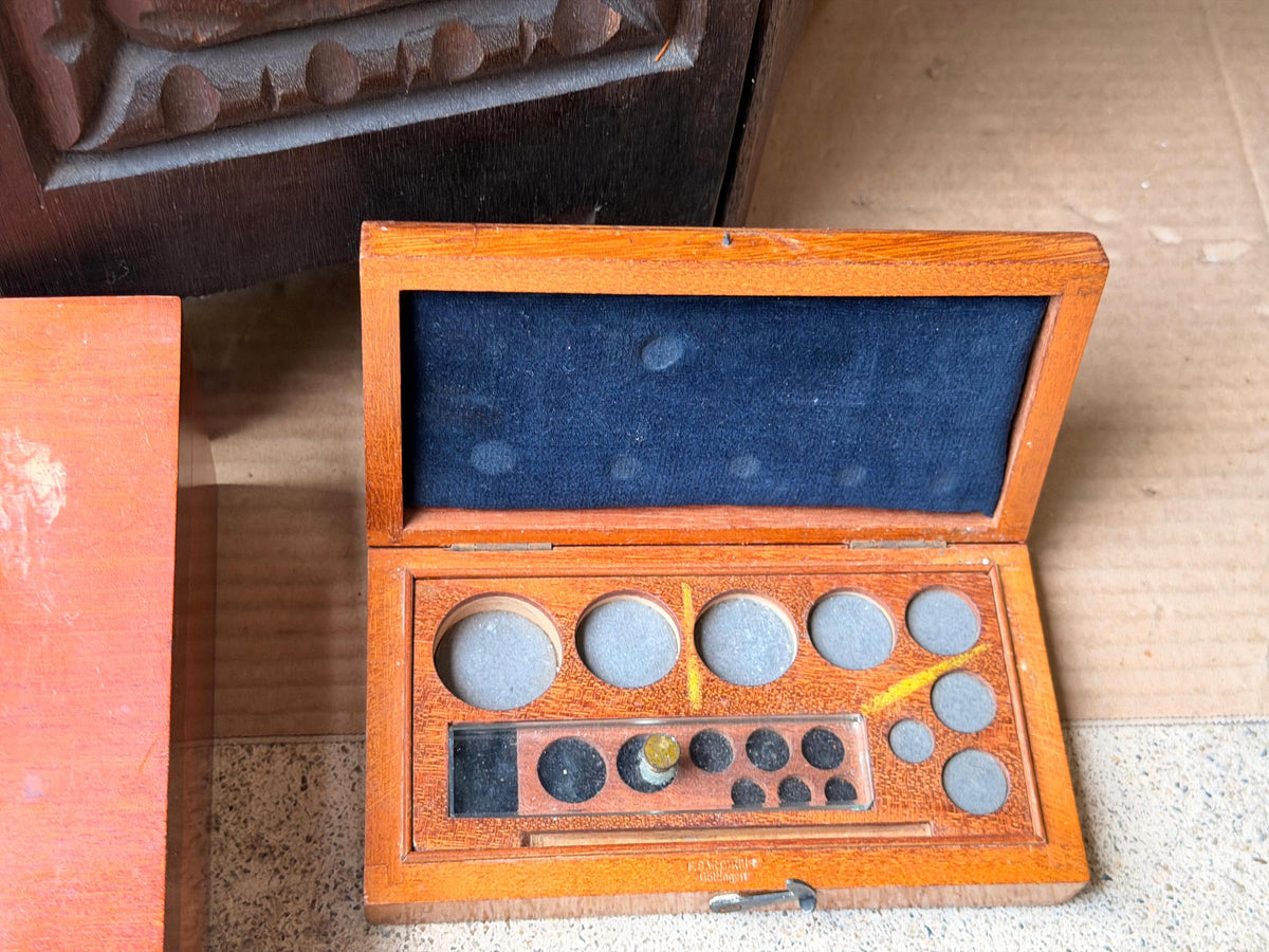 Antique Thompson Balance Co Denver Gold Assay Scale Base Wood Weight Case Set