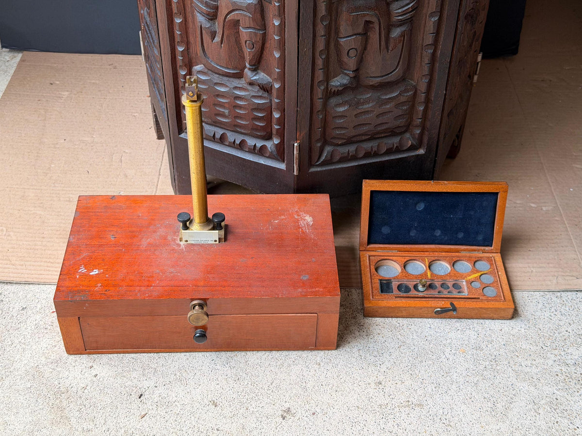 Antique Thompson Balance Co Denver Gold Assay Scale Base Wood Weight Case Set