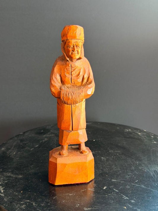 Vintage Hand Carved Wood Figure Signed Caron Winter Coat Hand Muff Statue 8 In