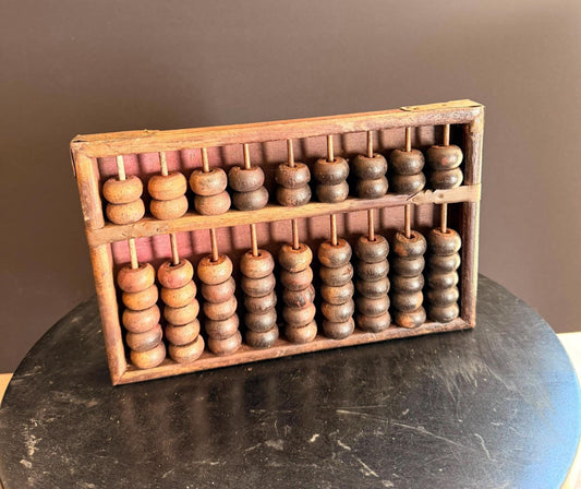 Vintage Wooden Abacus Brass Cornered Suanpan Counting Tool Folk Art Decor 8.8"
