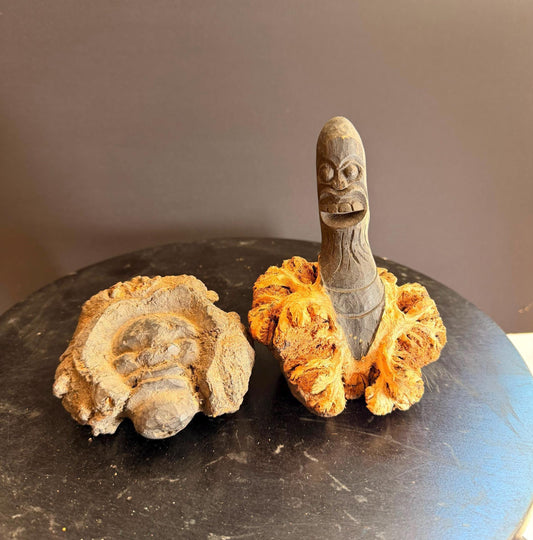 Vintage Hand Carved Wood Tiki Face Burl Sculpture Lot Pair Oceanic Folk Art 5.5"