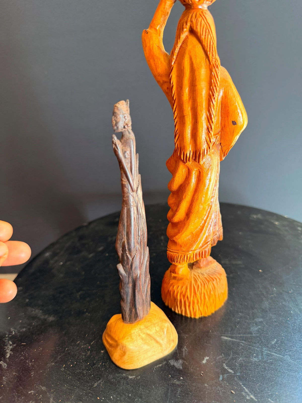 Vintage Hand Carved Wooden Figures Woman Water Pot Maiden Sculpture Folk Art 10"