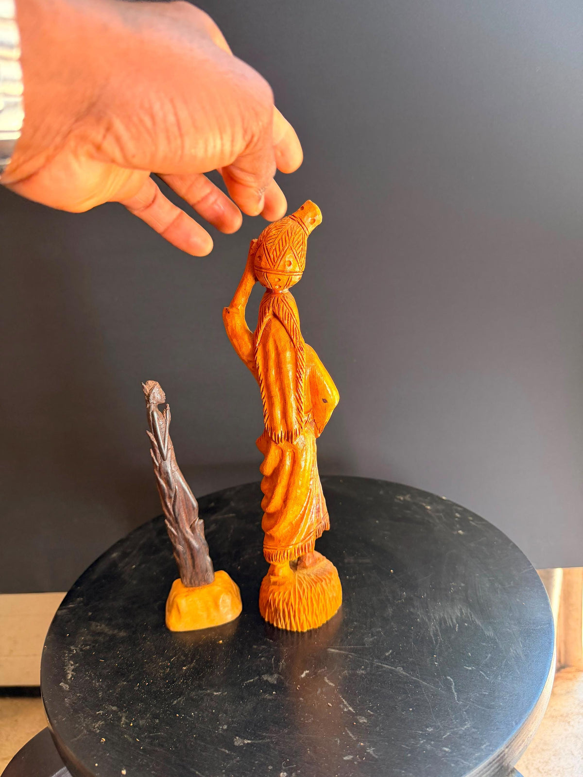 Vintage Hand Carved Wooden Figures Woman Water Pot Maiden Sculpture Folk Art 10"