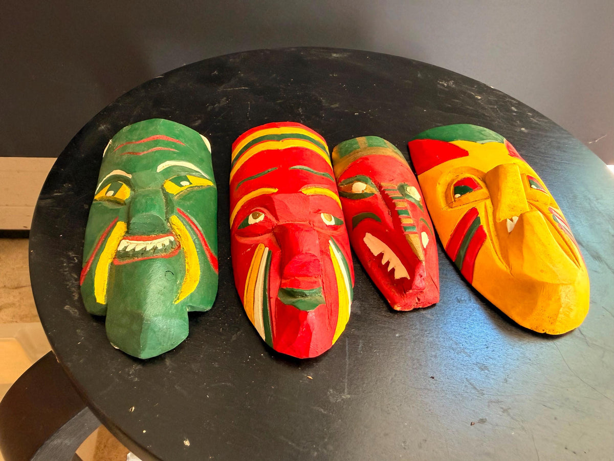 Vintage Hand Carved Wood Mini Mask Lot 4 Polychrome Folk Art Wall Sculpture 5.2"