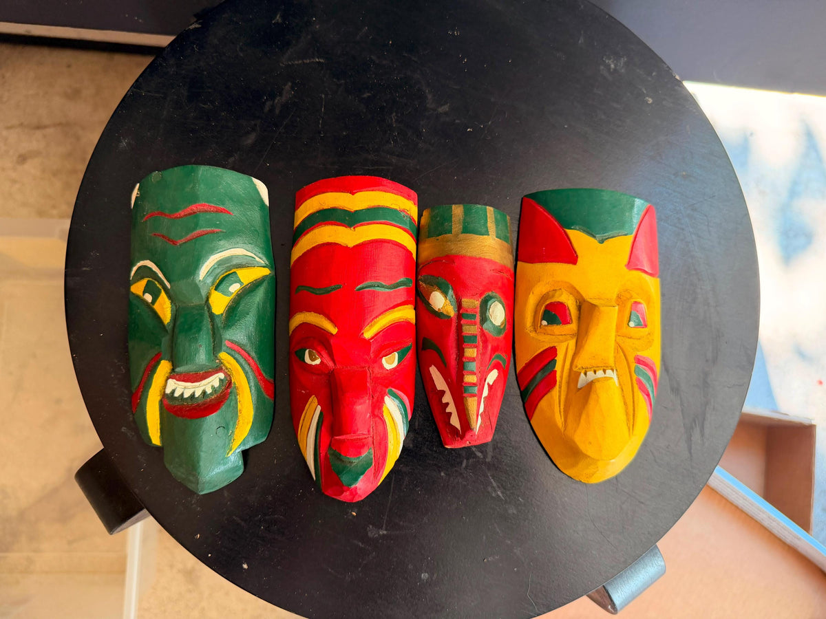 Vintage Hand Carved Wood Mini Mask Lot 4 Polychrome Folk Art Wall Sculpture 5.2"