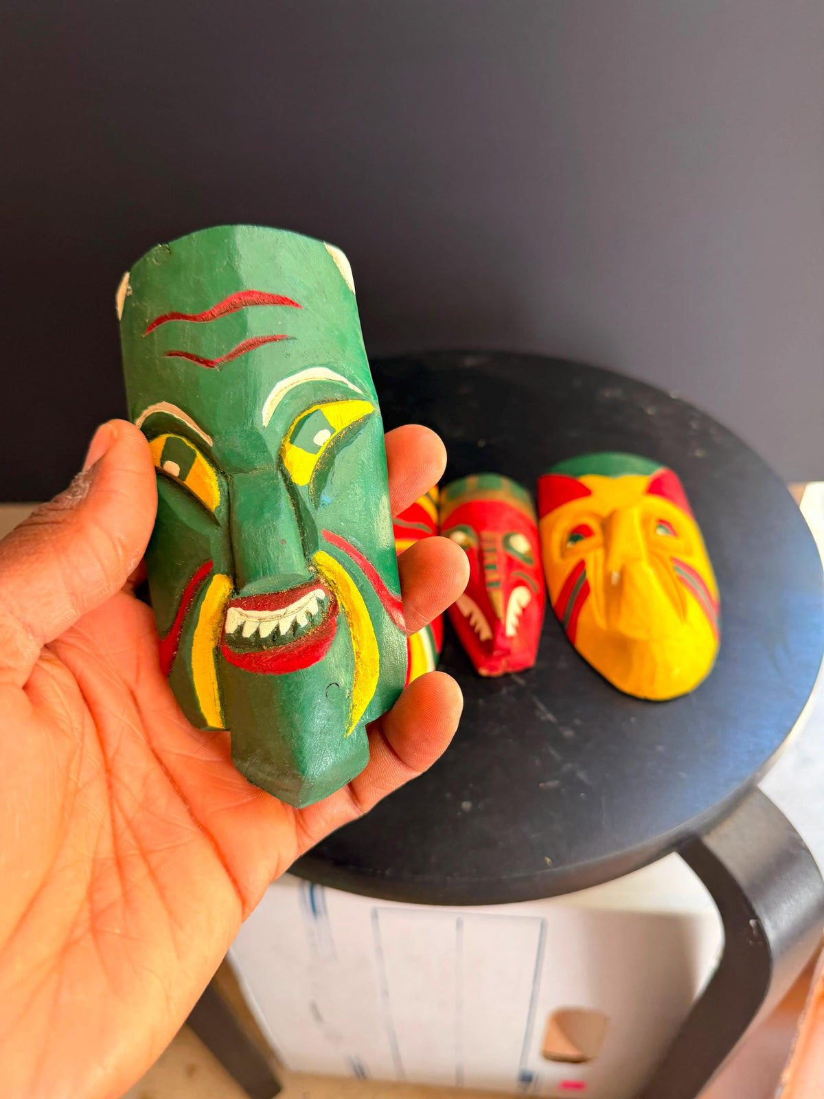 Vintage Hand Carved Wood Mini Mask Lot 4 Polychrome Folk Art Wall Sculpture 5.2"
