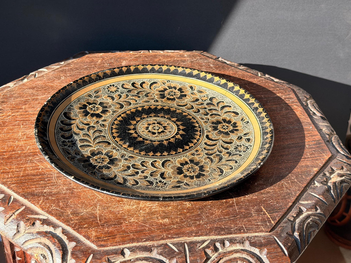 Vintage Eastern European Lacquered Wood Platter Floral Hand Painted Dish 11.5"