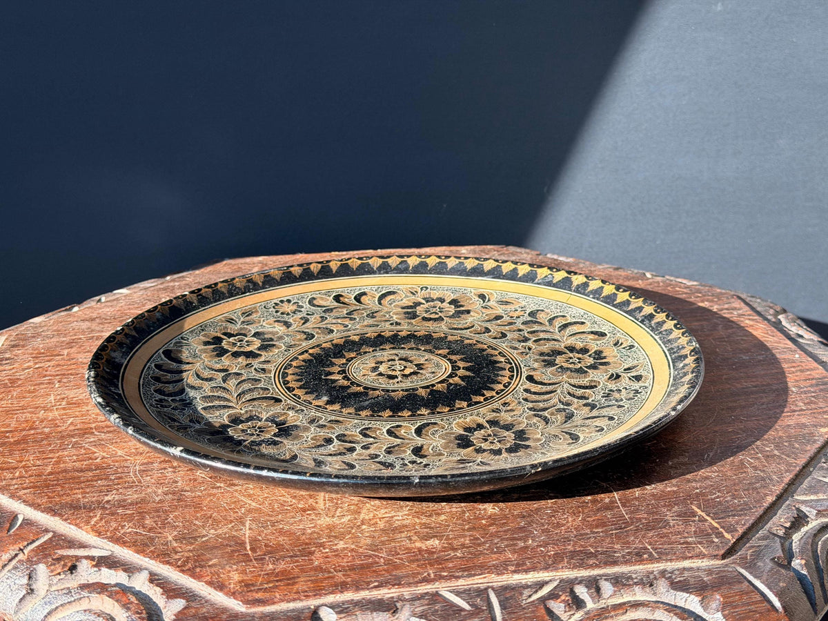 Vintage Eastern European Lacquered Wood Platter Floral Hand Painted Dish 11.5"