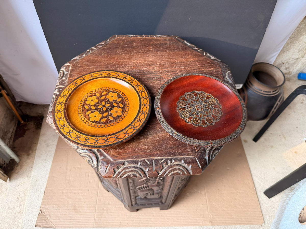 VTG Polish Hand Carved Wood Wall Plates Set Pyrography Brass Inlay 8.8"