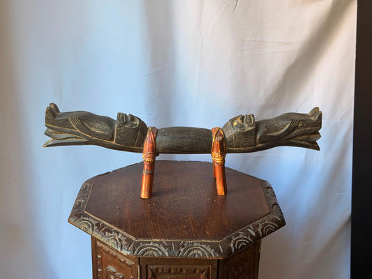 Dayak Carved Wood Ancestral Headrest Rattan Leg Anthropomorphic Neck Rest 24"