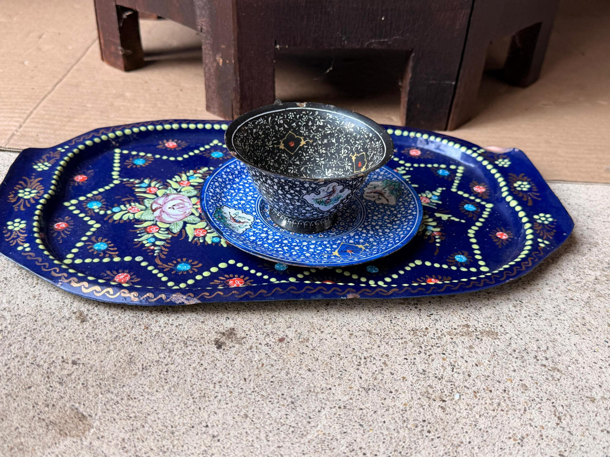 Vintage Near Eastern Enamel Copper Tea Set Hand Painted Tray Saucer Cup 12.5"