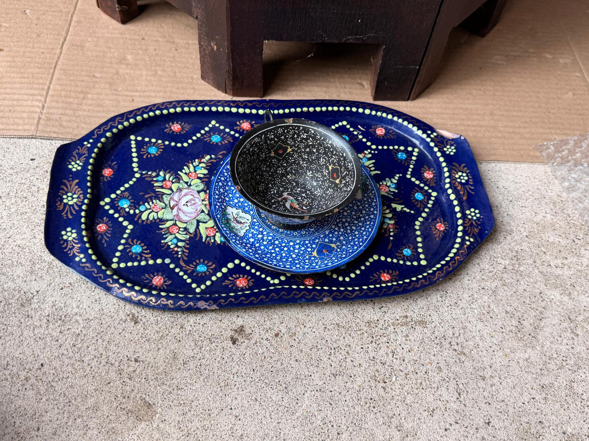 Vintage Near Eastern Enamel Copper Tea Set Hand Painted Tray Saucer Cup 12.5"