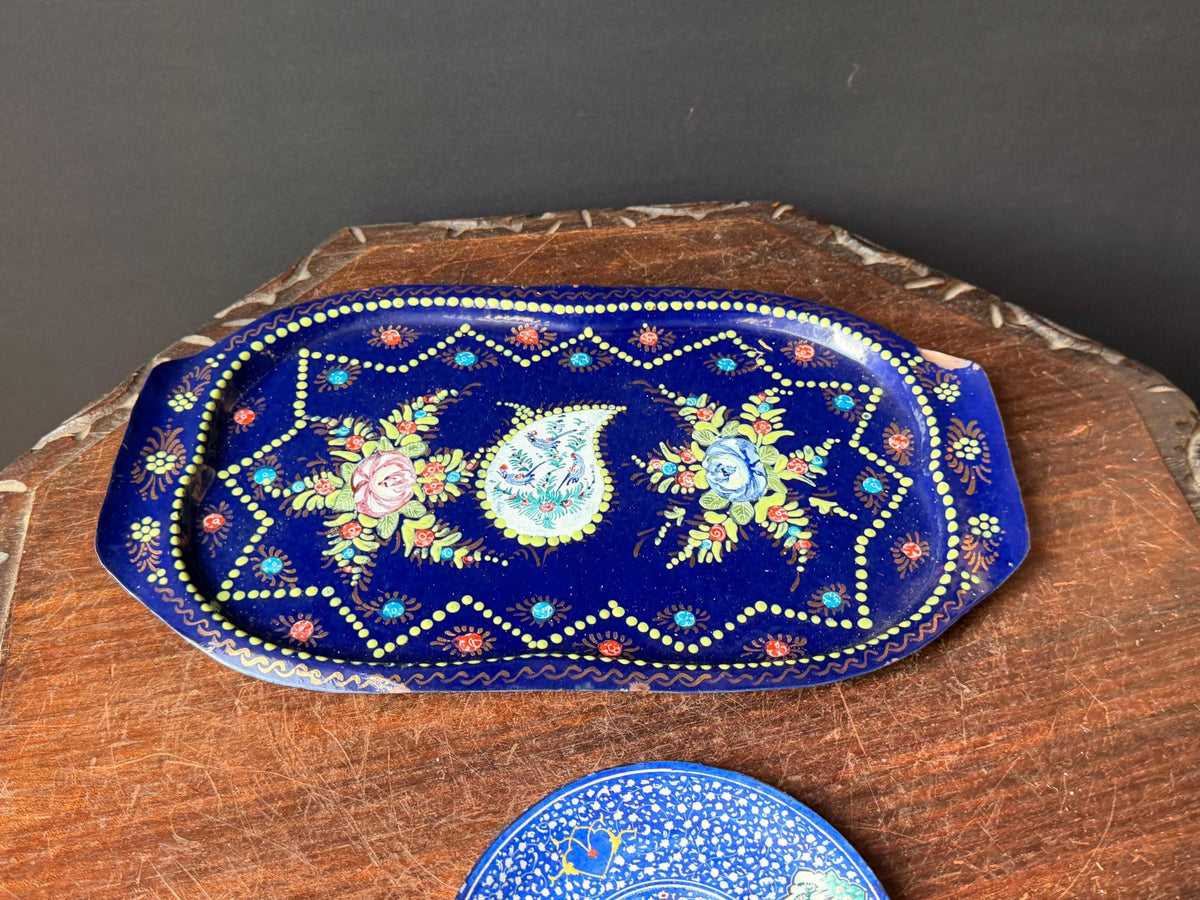 Vintage Near Eastern Enamel Copper Tea Set Hand Painted Tray Saucer Cup 12.5"