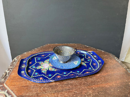 Vintage Near Eastern Enamel Copper Tea Set Hand Painted Tray Saucer Cup 12.5"