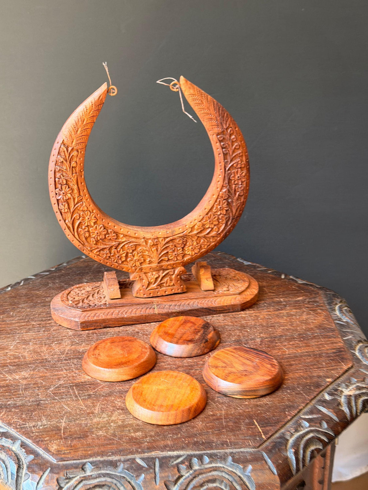 Vintage Hand Carved Wood Coaster Set Crescent Moon Stand Indian Floral Folk