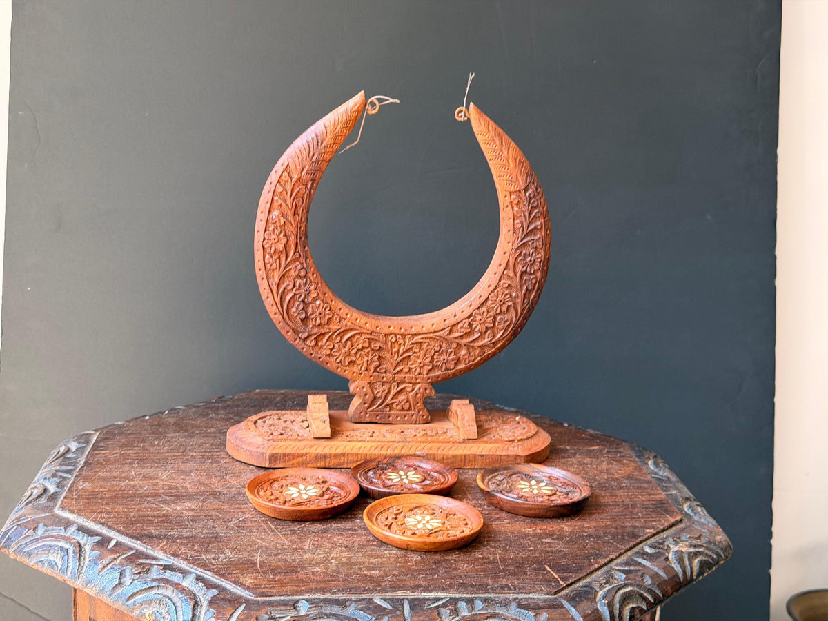 Vintage Hand Carved Wood Coaster Set Crescent Moon Stand Indian Floral Folk
