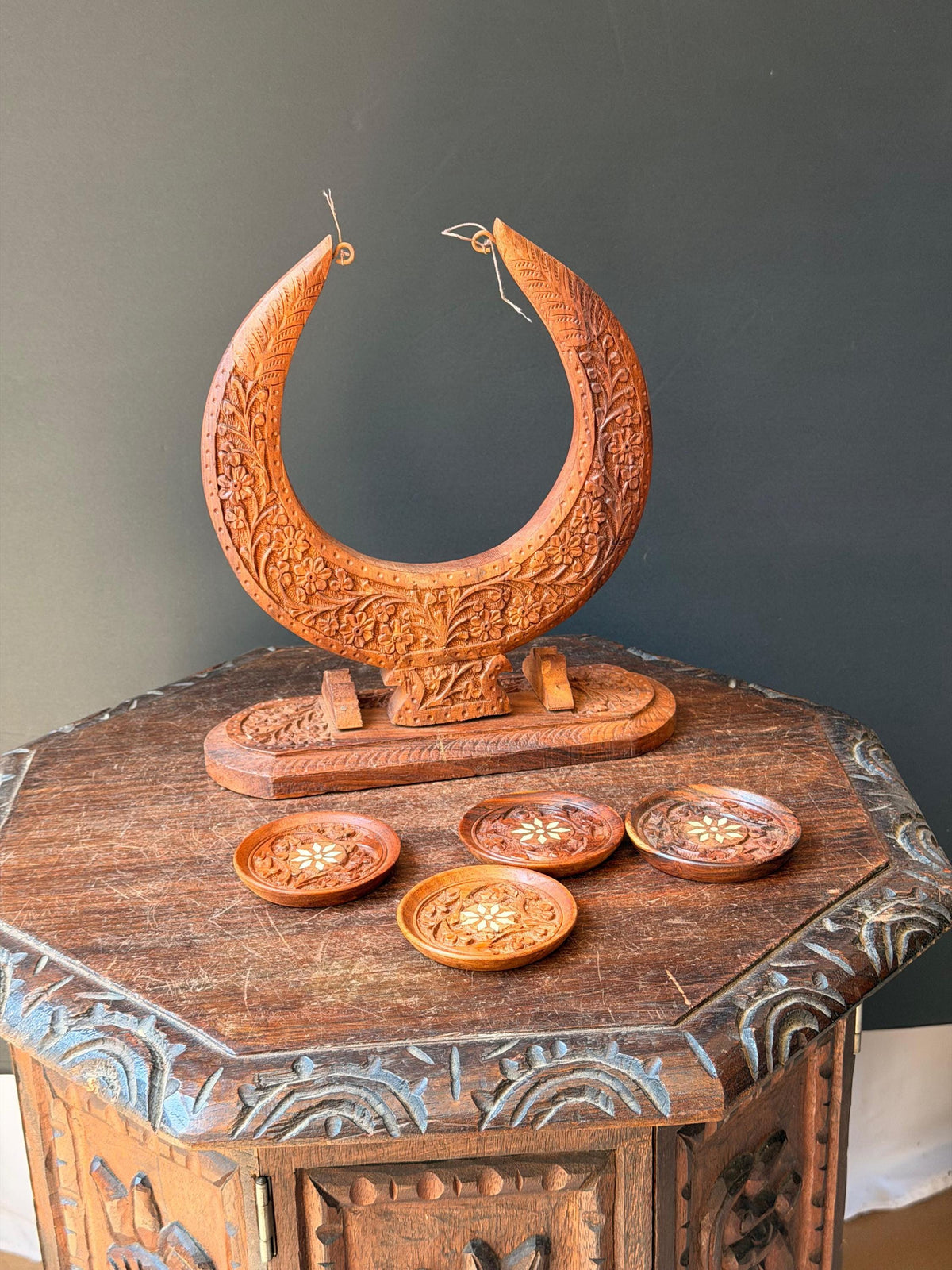 Vintage Hand Carved Wood Coaster Set Crescent Moon Stand Indian Floral Folk