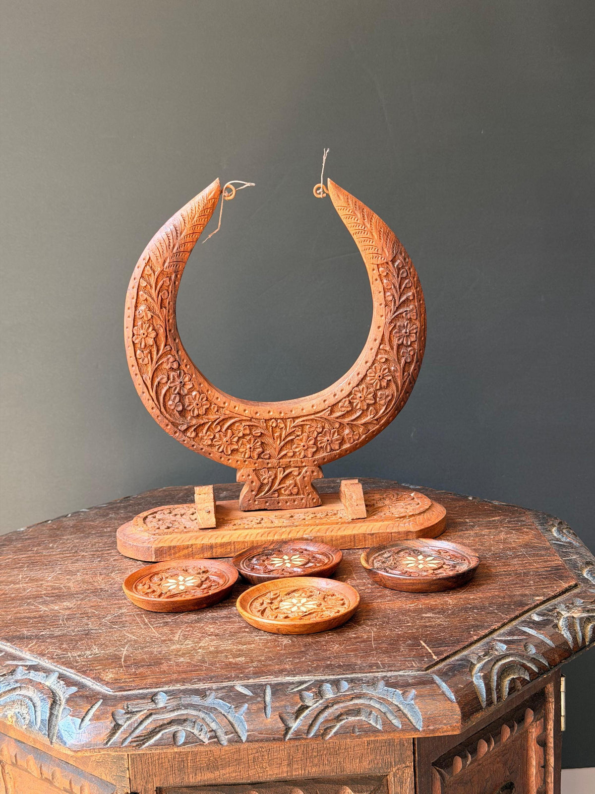 Vintage Hand Carved Wood Coaster Set Crescent Moon Stand Indian Floral Folk