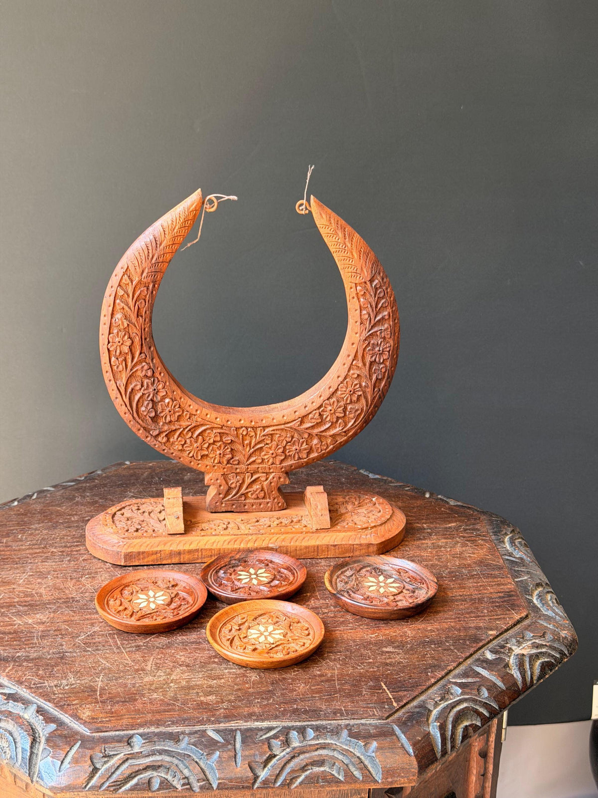 Vintage Hand Carved Wood Coaster Set Crescent Moon Stand Indian Floral Folk