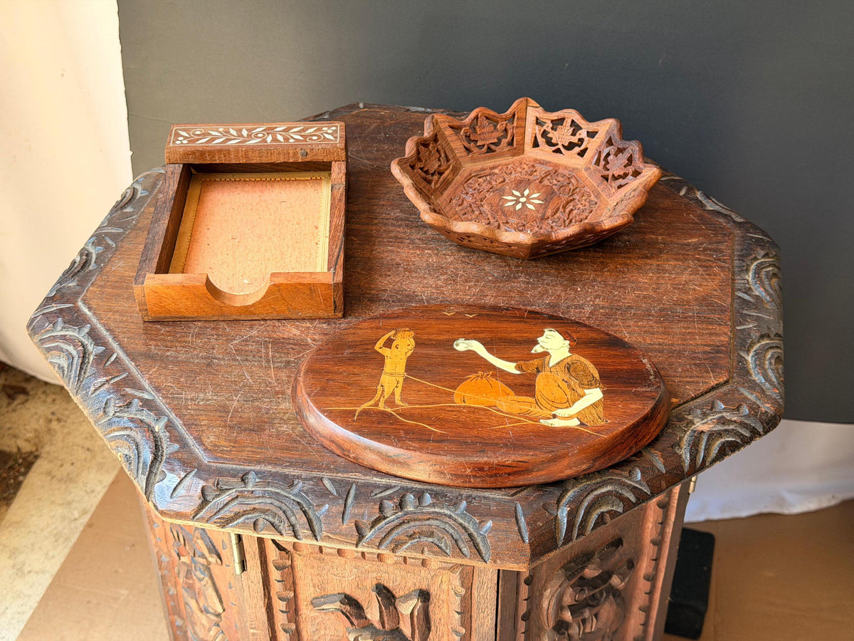 Vintage Hand Carved Wood Desk Set Bowl Oval Plaque Inlay Indian Folk Art