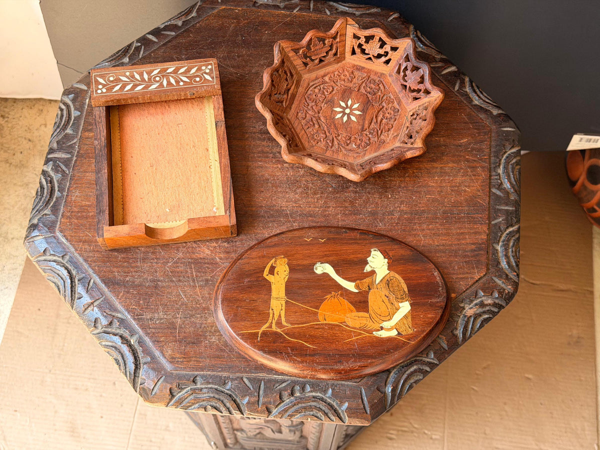 Vintage Hand Carved Wood Desk Set Bowl Oval Plaque Inlay Indian Folk Art