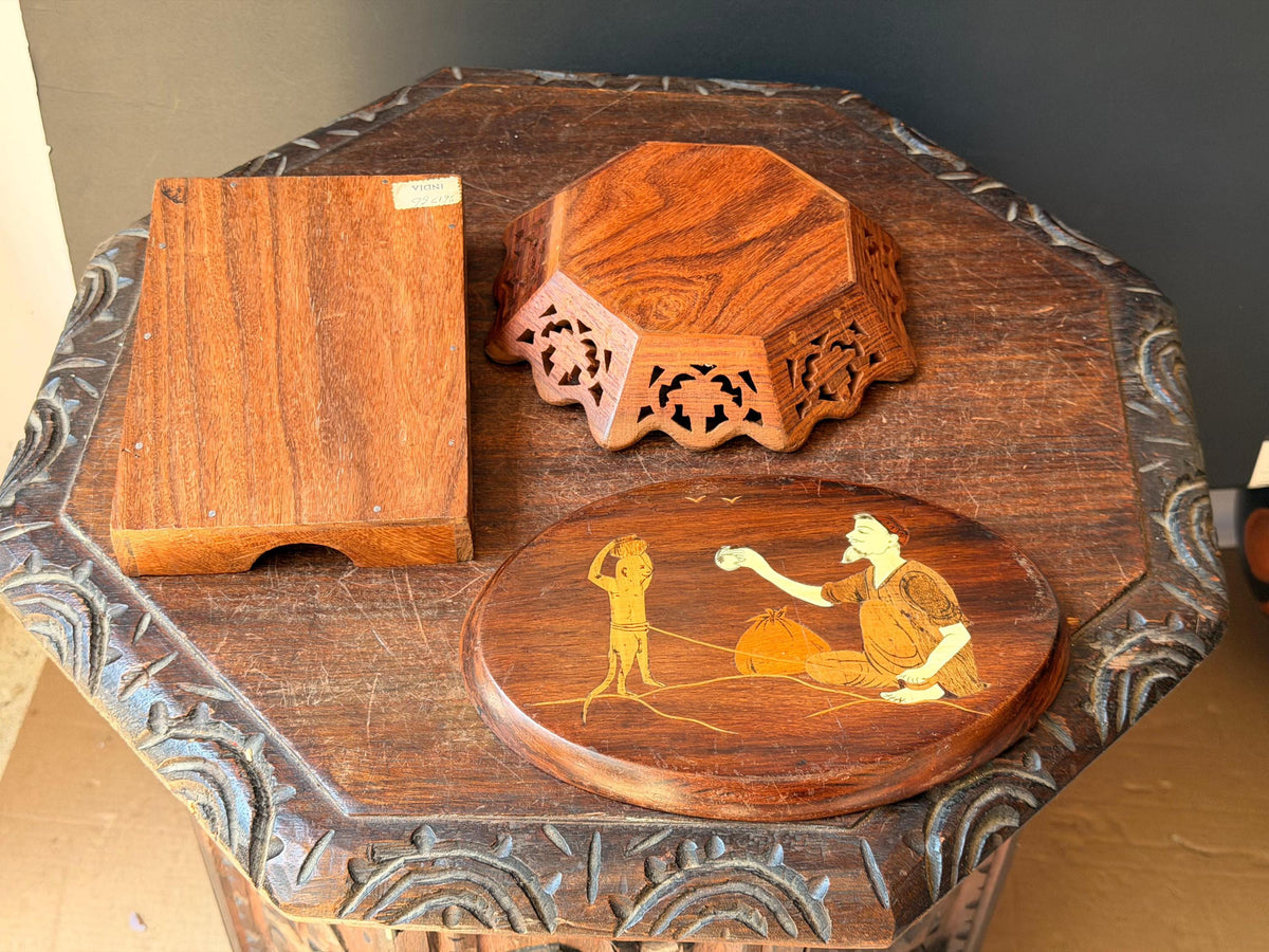 Vintage Hand Carved Wood Desk Set Bowl Oval Plaque Inlay Indian Folk Art