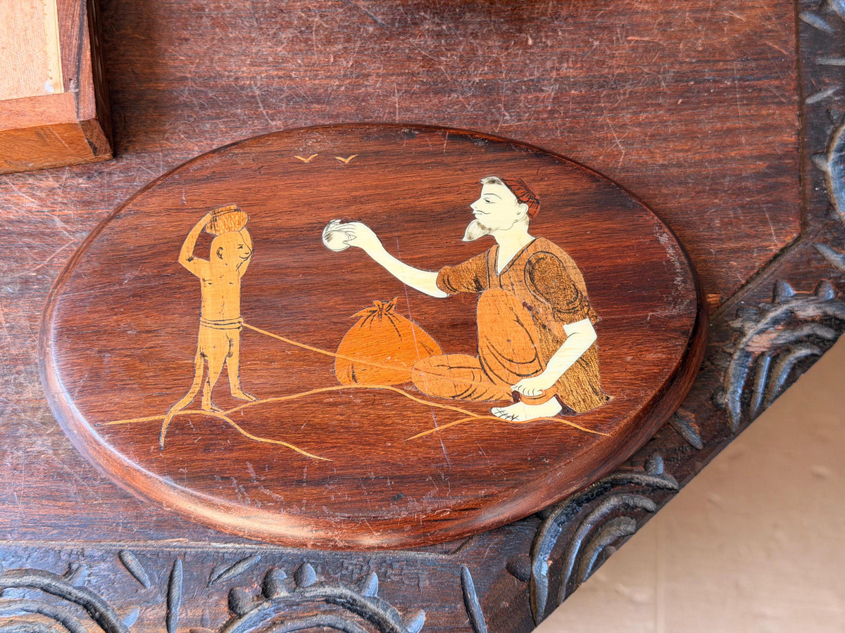 Vintage Hand Carved Wood Desk Set Bowl Oval Plaque Inlay Indian Folk Art