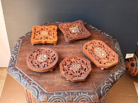 Vintage Hand Carved Wood Trivet Set of 5 Indian Floral Inlay Footed Riser