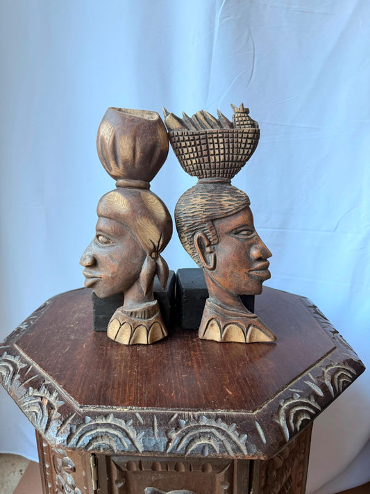 Vintage Carved Wood African Bust Profile Relief Plaques Pair Wall Art 12"