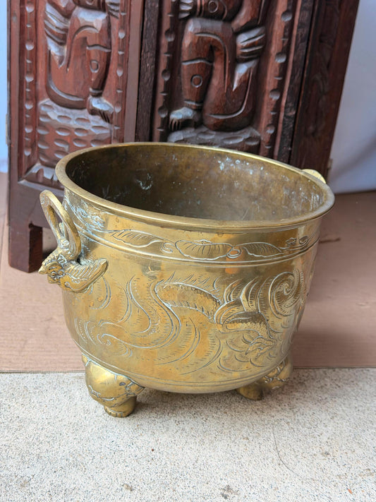 Vintage Asian Brass Censer Dragon Vessel Phoenix Handles Tripod Feet 10x7
