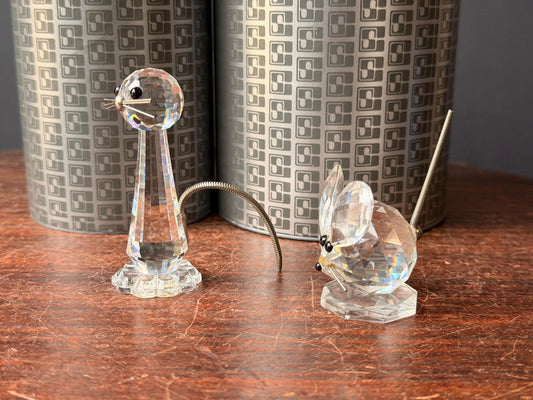 VTG Swarovski Silver Crystal 2 Pc Animal Figurine Set Tall Cat Mouse Box COA