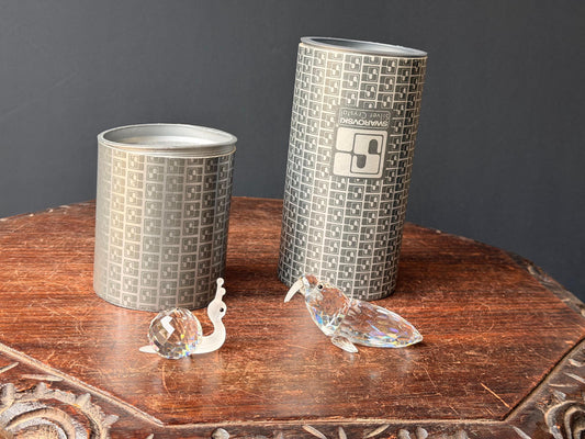 VTG Swarovski Silver Crystal 2 Pc Animal Figurine Set Walrus Seal & Snail Box