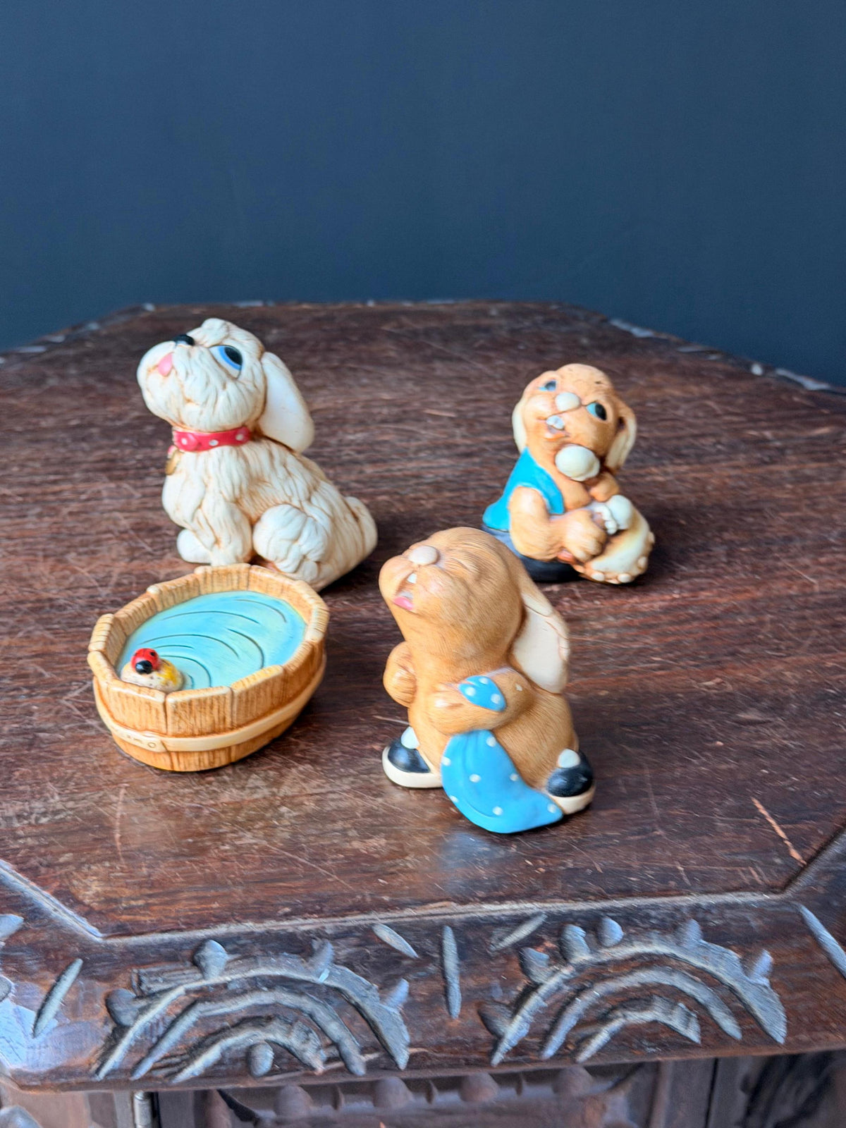 Vintage PenDelfin Stonecraft Figurine Set Tammy Dog Barney Rabbit Tub