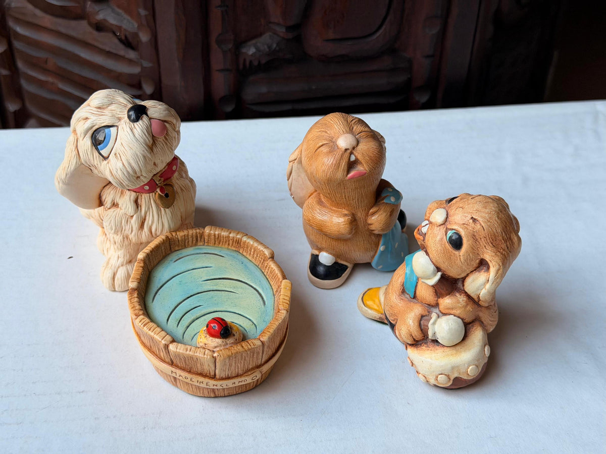 Vintage PenDelfin Stonecraft Figurine Set Tammy Dog Barney Rabbit Tub
