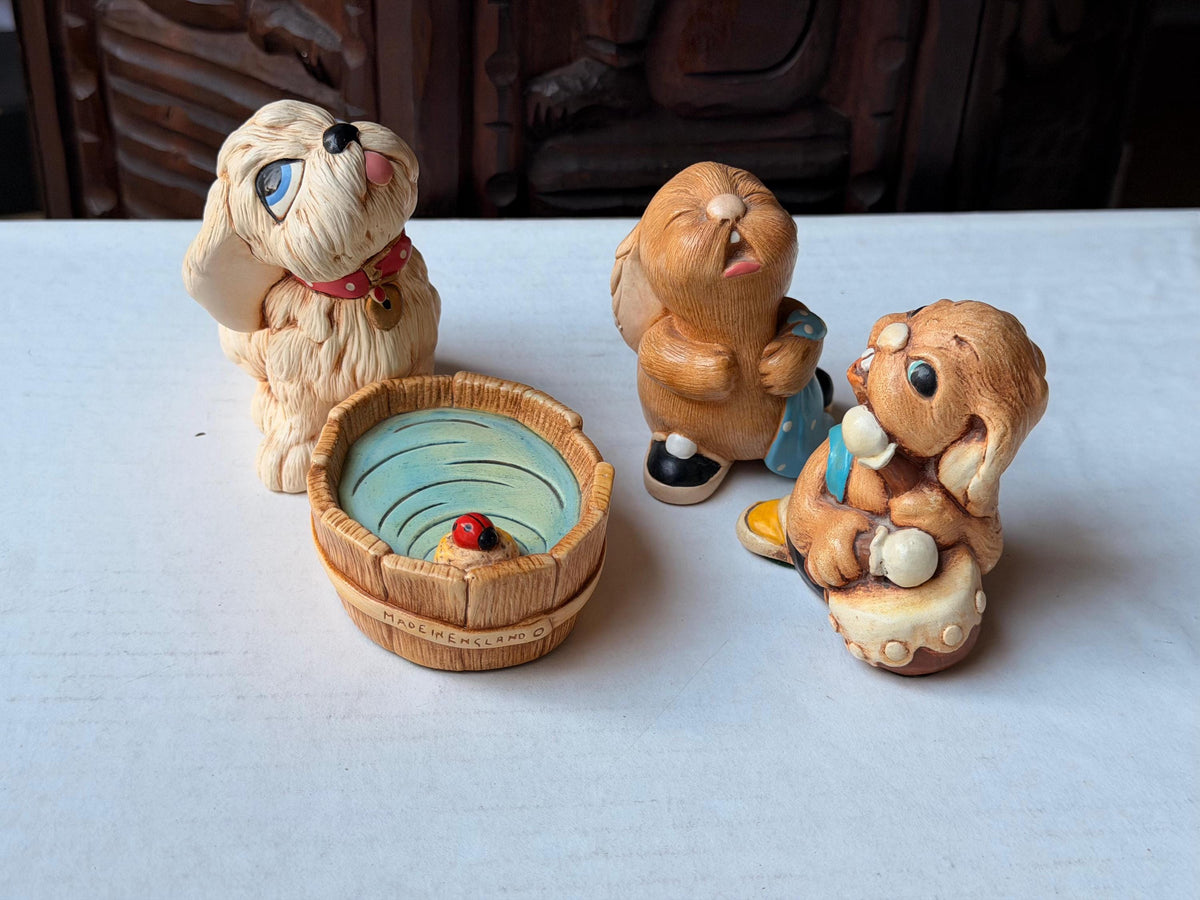Vintage PenDelfin Stonecraft Figurine Set Tammy Dog Barney Rabbit Tub