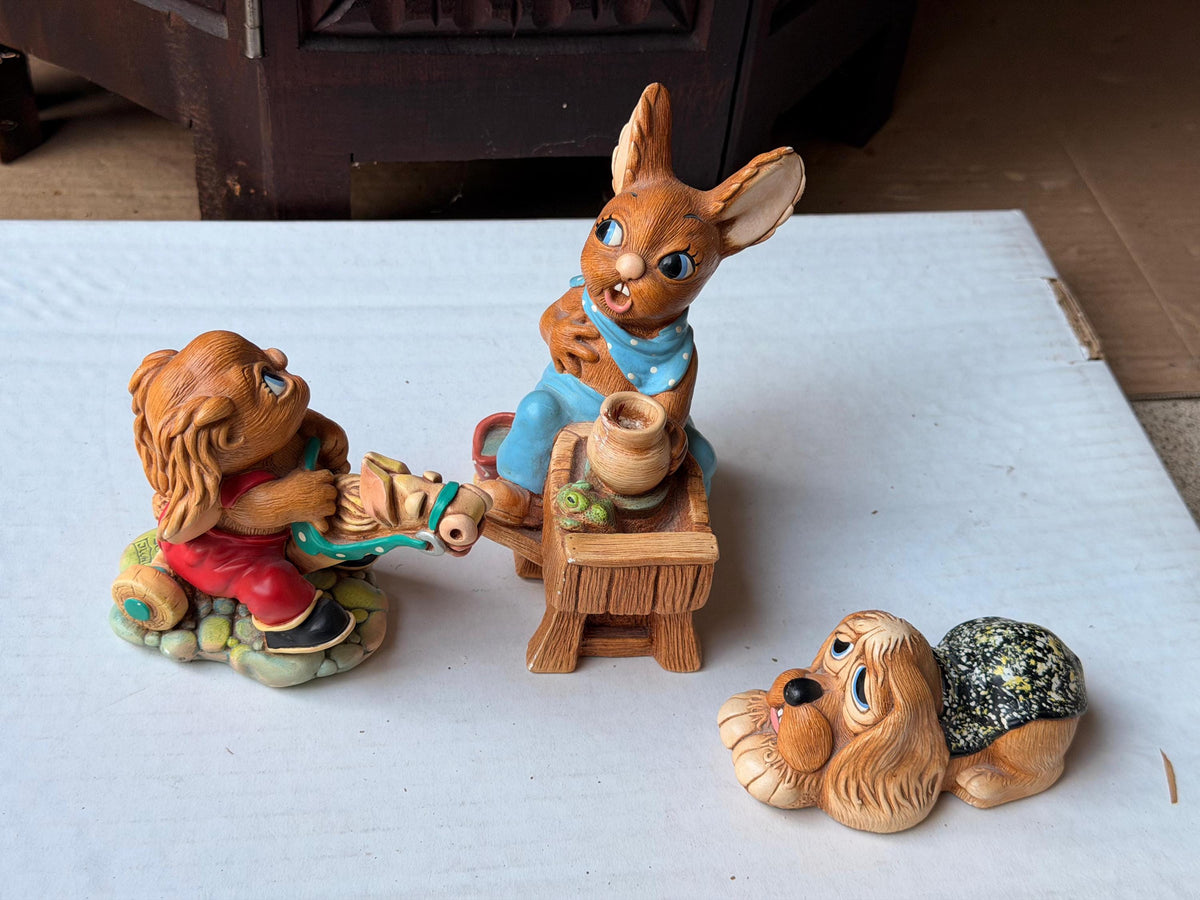 Vintage PenDelfin Stonecraft 3pc Set Crocker Dobbin Pooch Figurine