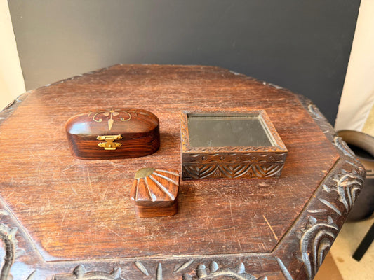 Vintage Hand Carved Brass Inlay Wood Velvet Mirror Box Set Boho