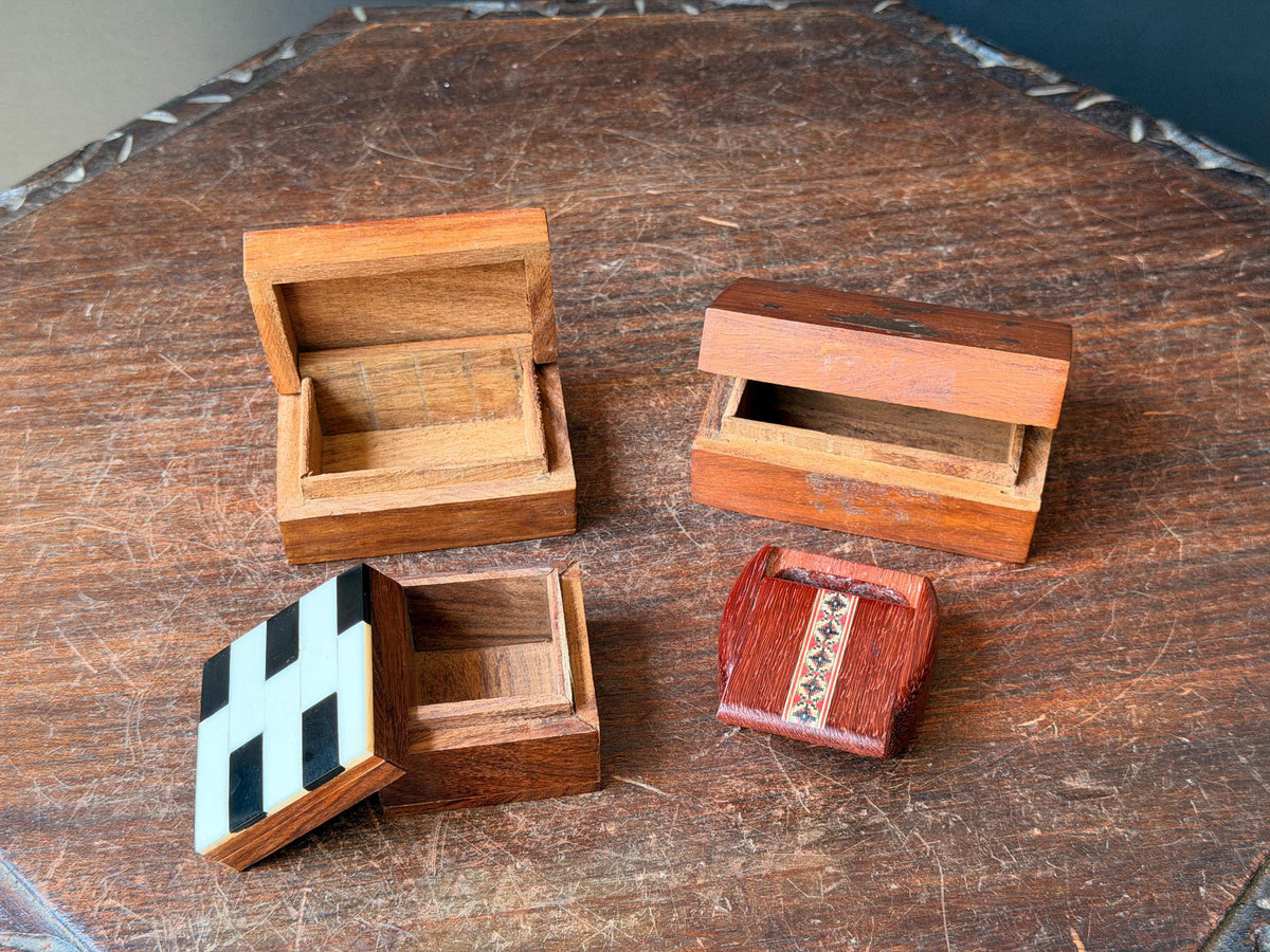 Vintage Wooden Trinket Box Collection Brass Celestial Resin Inlay 4pc
