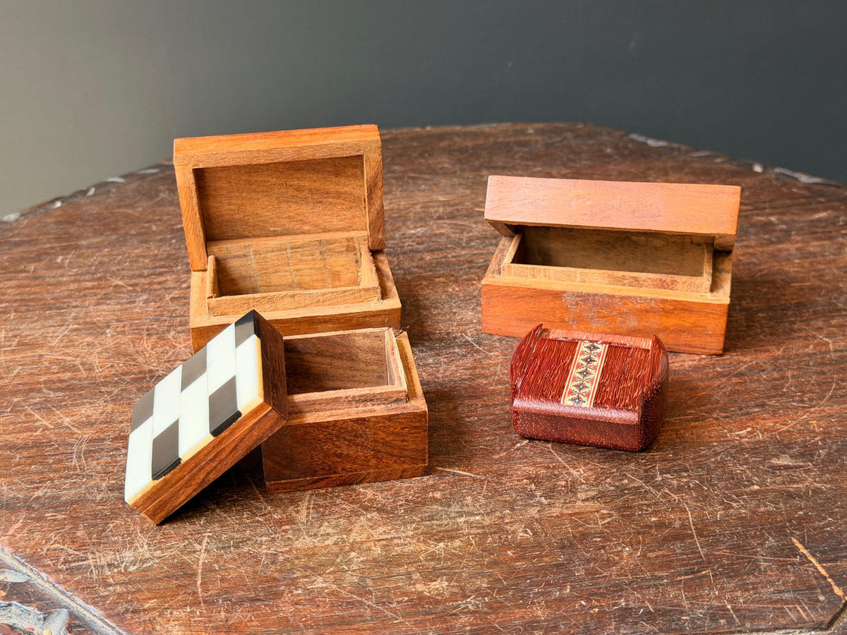 Vintage Wooden Trinket Box Collection Brass Celestial Resin Inlay 4pc