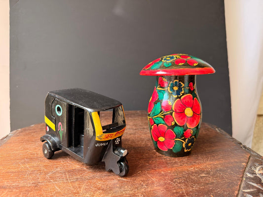 Vintage Wooden Nepalese Auto Rickshaw & Eastern European Mushroom Coin Bank