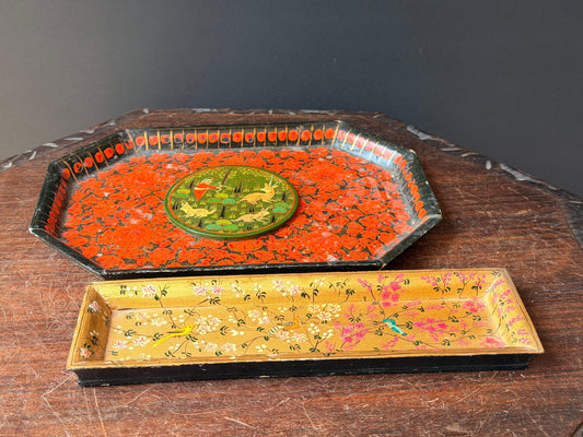 Vintage Indian Hand Painted Wood Tray Set Floral Bird Lacquer Desk Vanity 3pc