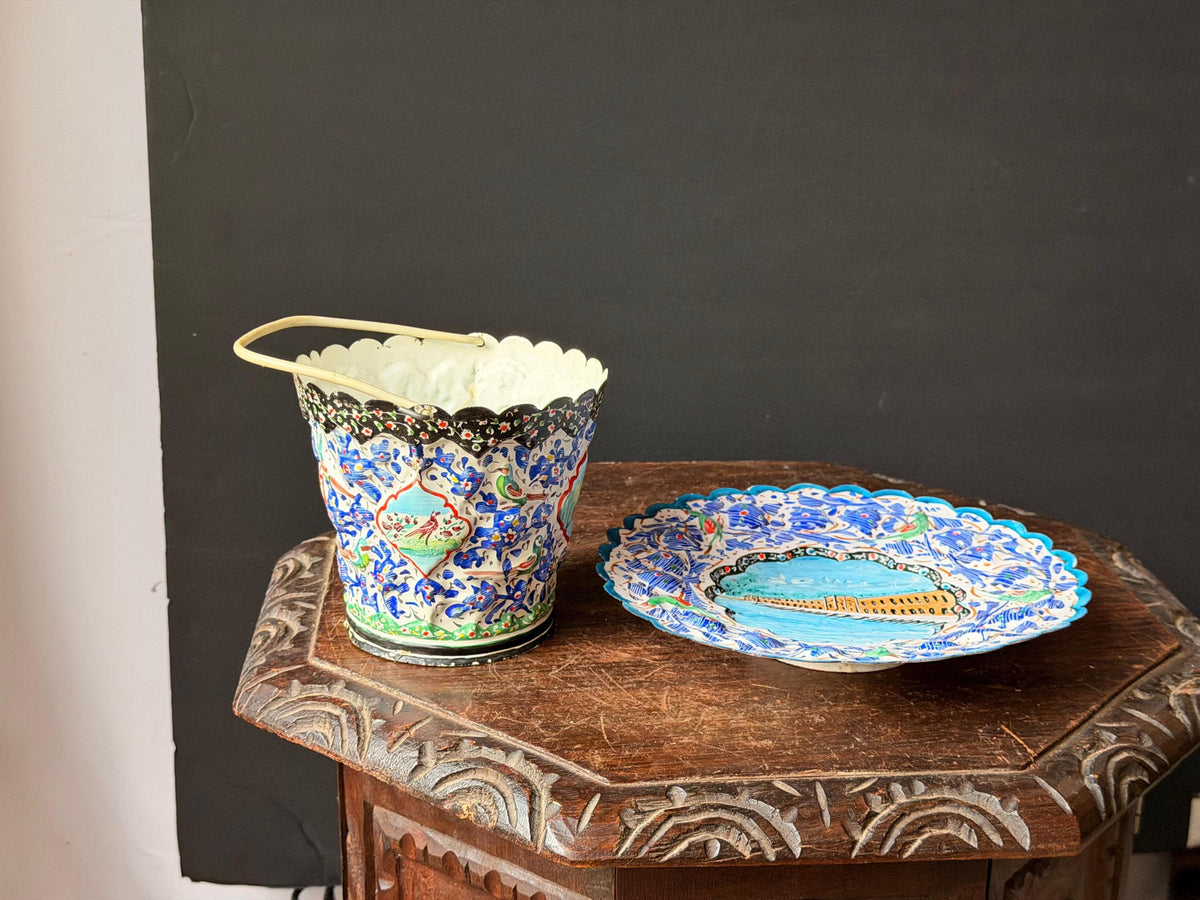 Middle Eastern Hand Painted Enameled Copper Plate Bucket Set Silk Road Art 9"