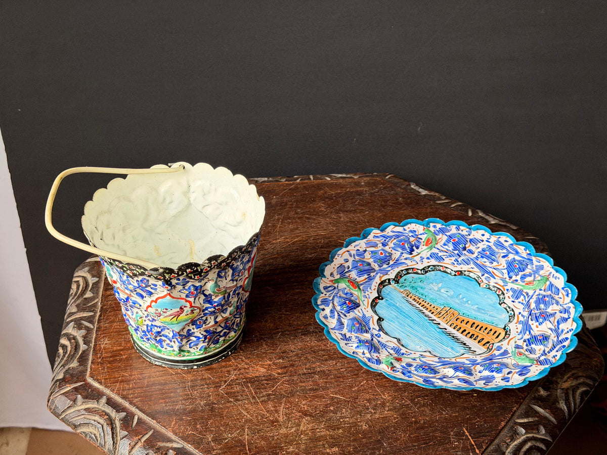 Middle Eastern Hand Painted Enameled Copper Plate Bucket Set Silk Road Art 9"